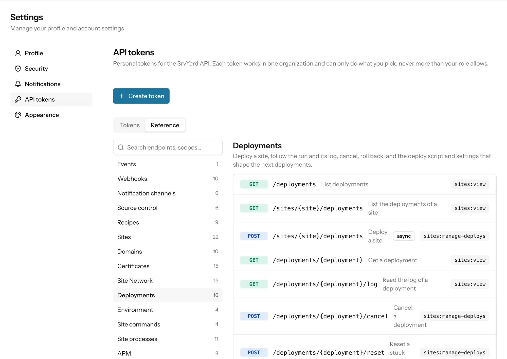 The Reference tab of the API tokens page, listing the deployment operations with their method, path and the scope each one needs
