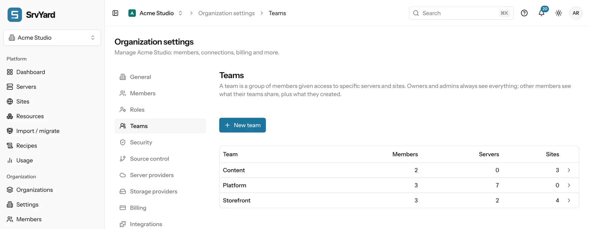 The Teams page: three teams with the number of members, servers and sites each one covers