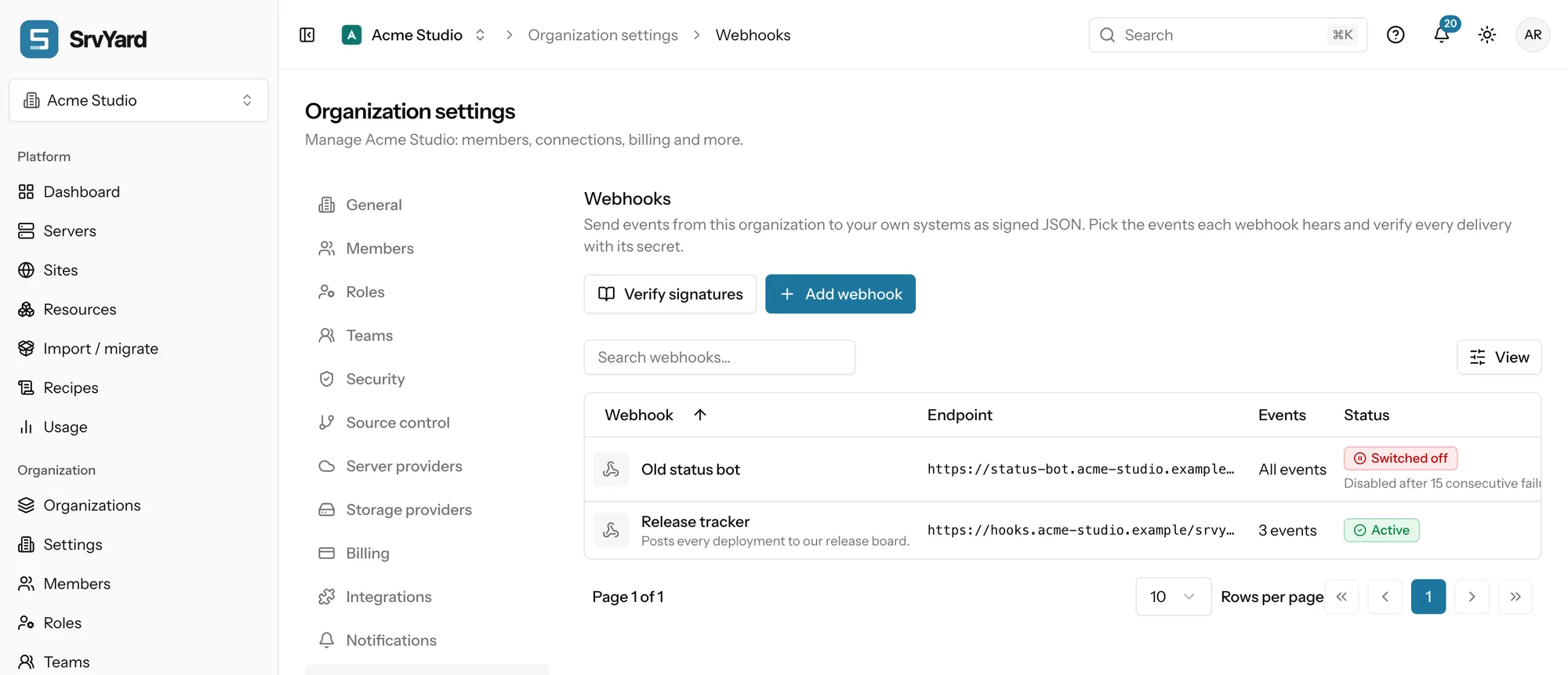 The Webhooks page: one active webhook that hears three events and one that SrvYard switched off after repeated failures