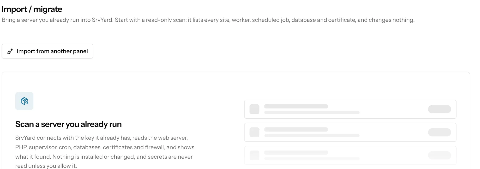 The Import and migrate page with two ways in: import from another panel, and scan a server you already run
