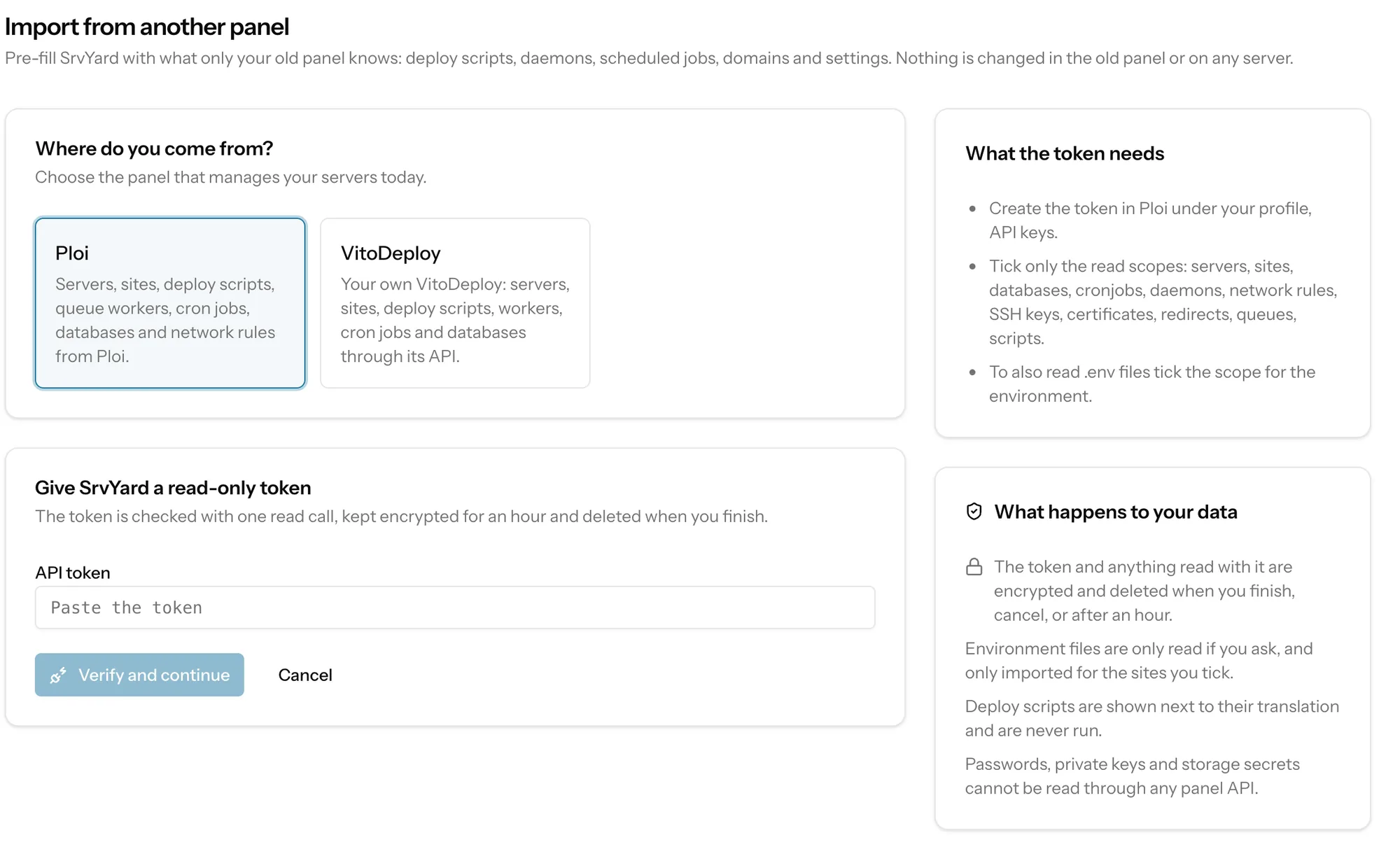 The Import from another panel page with Ploi selected, the token field and the cards what the token needs and what happens to your data