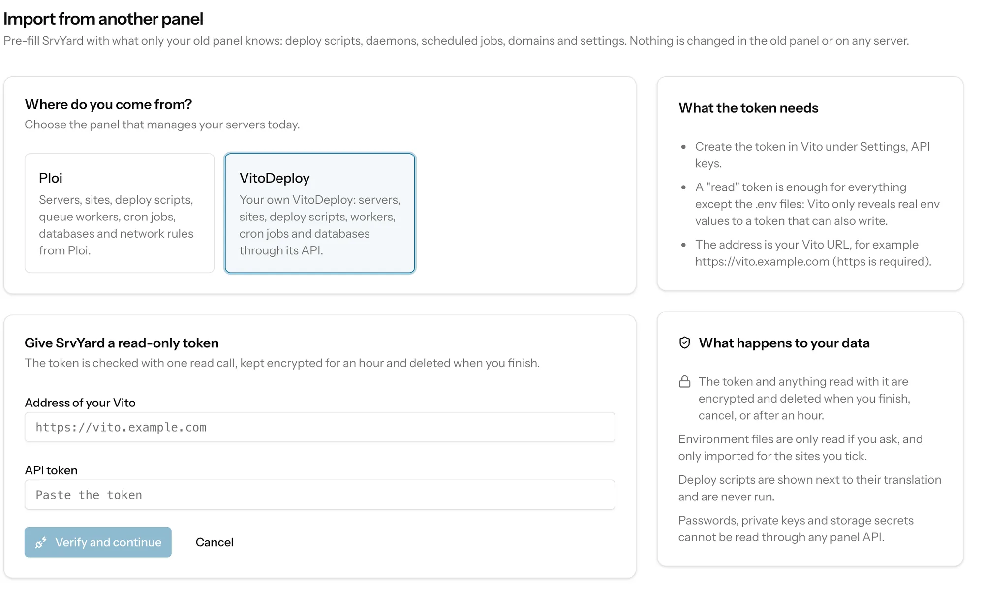 The Import from another panel page with VitoDeploy selected, the address and token fields and the cards what the token needs and what happens to your data