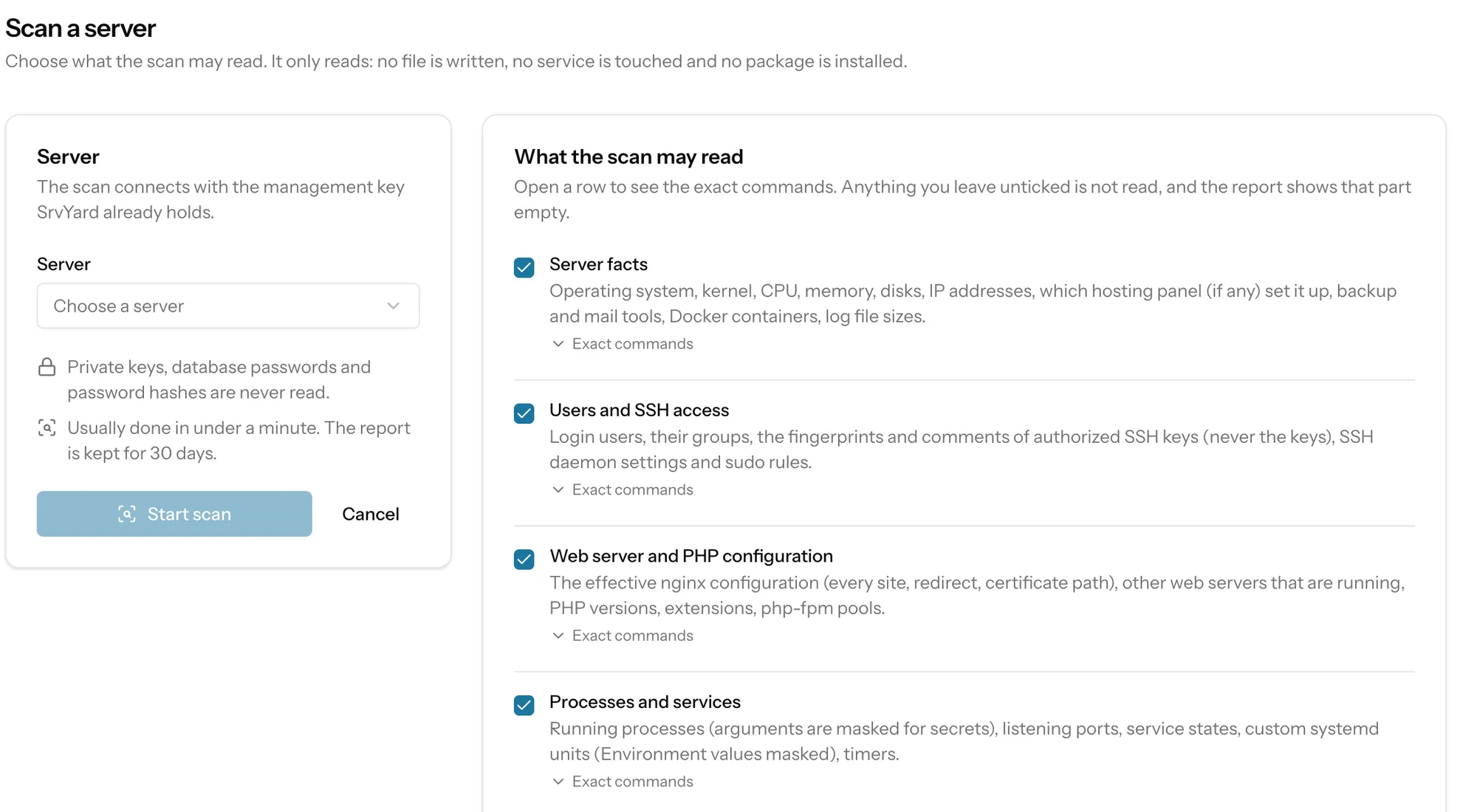 The Scan a server page: choose a server and the list of what the scan may read, each with its exact commands