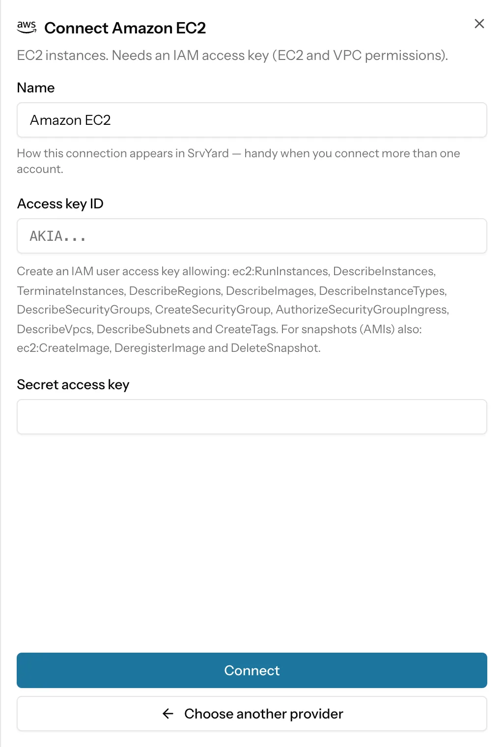 The Connect Amazon EC2 panel in SrvYard: a name, the access key ID with the list of IAM permissions in the help text, and the secret access key