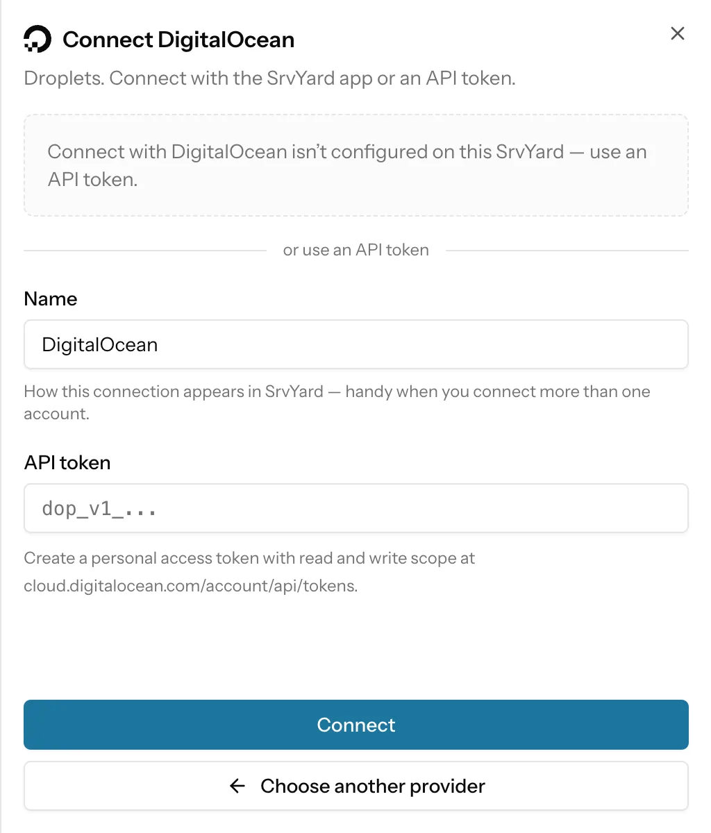 The Connect DigitalOcean panel in SrvYard: a name field, an API token field and the help text for creating a token