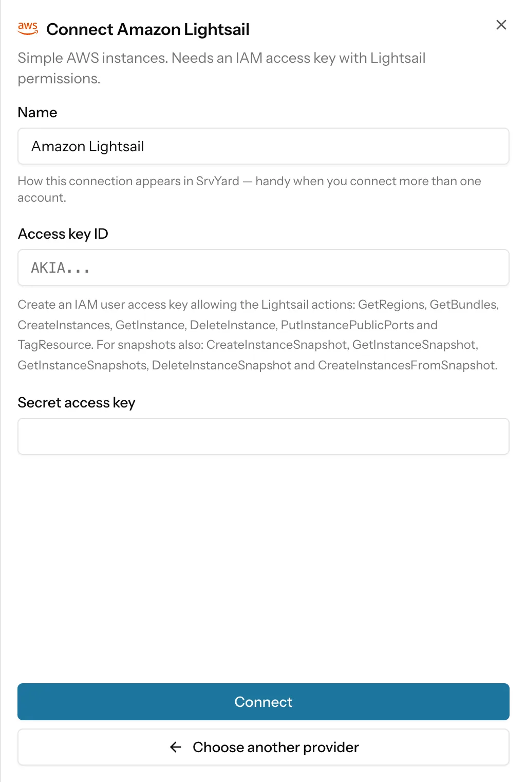 The Connect Amazon Lightsail panel in SrvYard: a name, the access key ID with the list of Lightsail permissions, and the secret access key