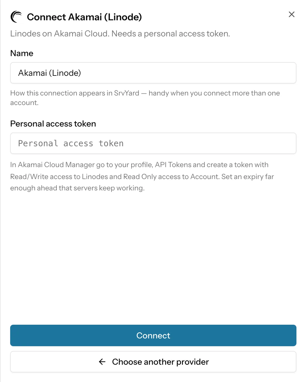 The Connect Akamai (Linode) panel in SrvYard: a name field, a personal access token field and the help text about scopes and expiry