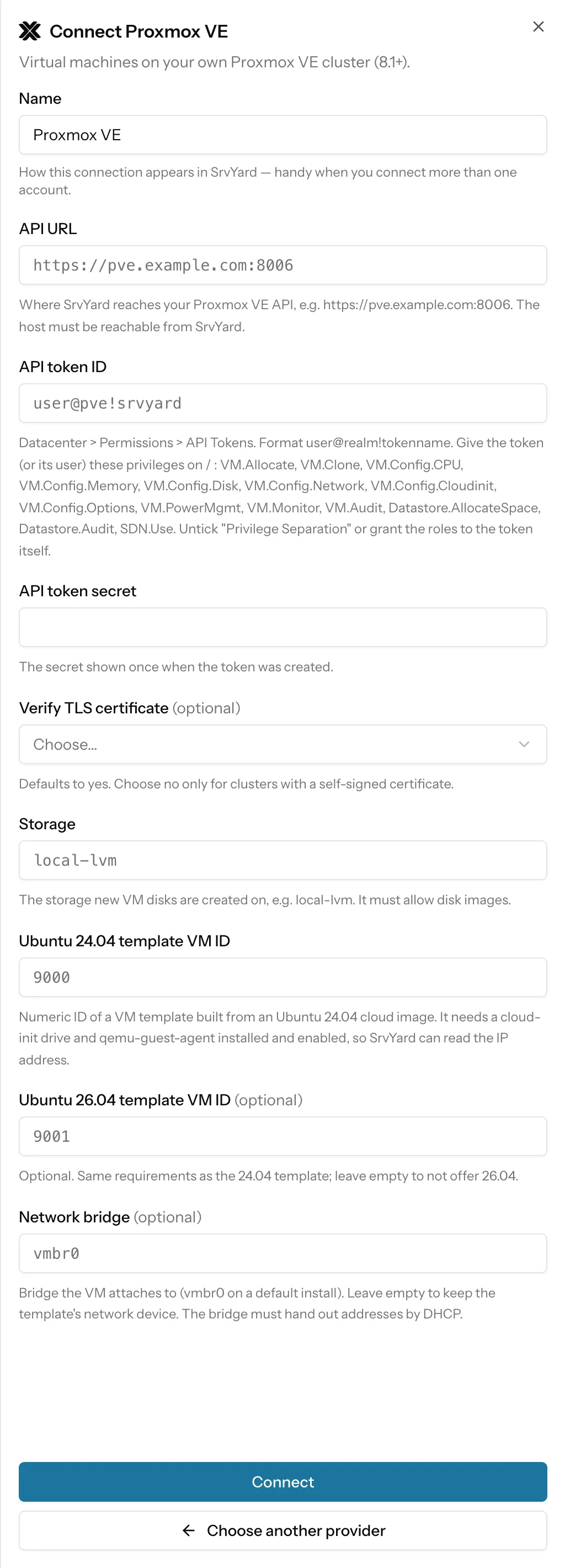 The Connect Proxmox VE panel in SrvYard: API URL, API token ID with the list of privileges, token secret, TLS verification, storage, template VM IDs for Ubuntu 24.04 and 26.04 and the network bridge