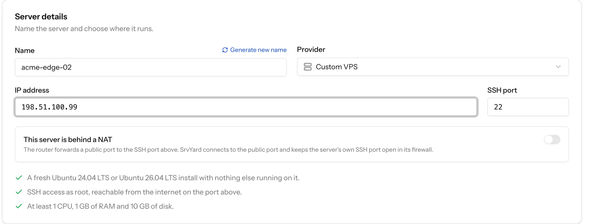 The Create a new server form with Custom VPS chosen, a server name, an IP address and the SSH port 22