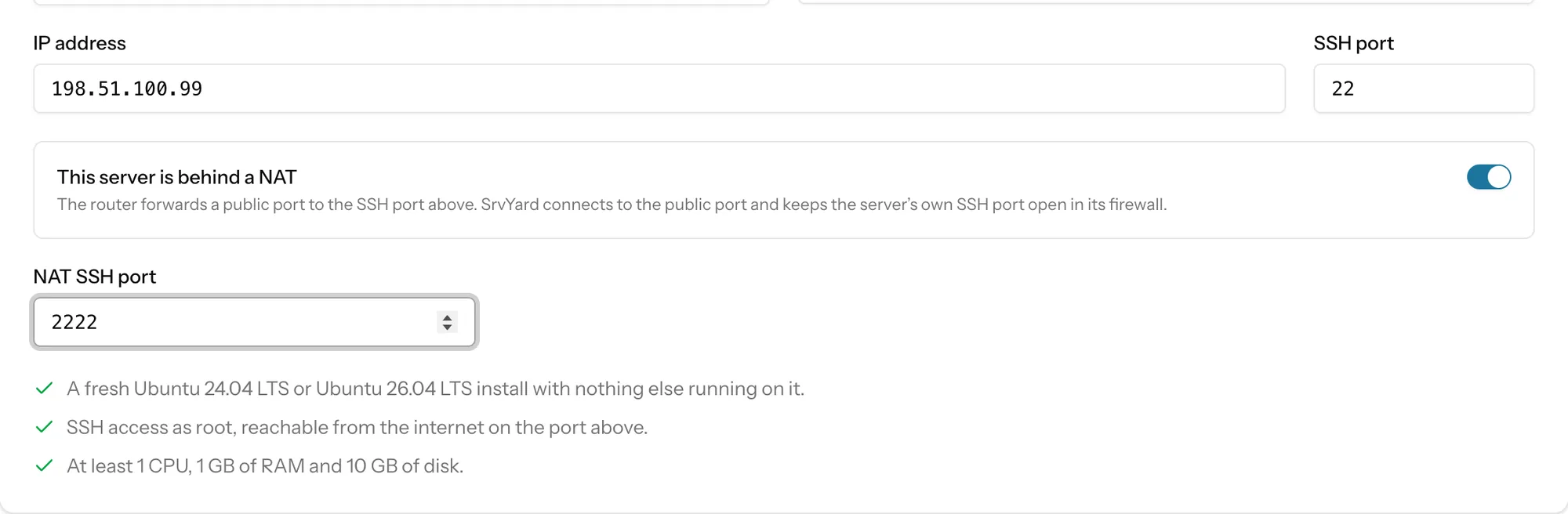 The Custom VPS fields with the behind-a-NAT switch on and a NAT SSH port of 2222