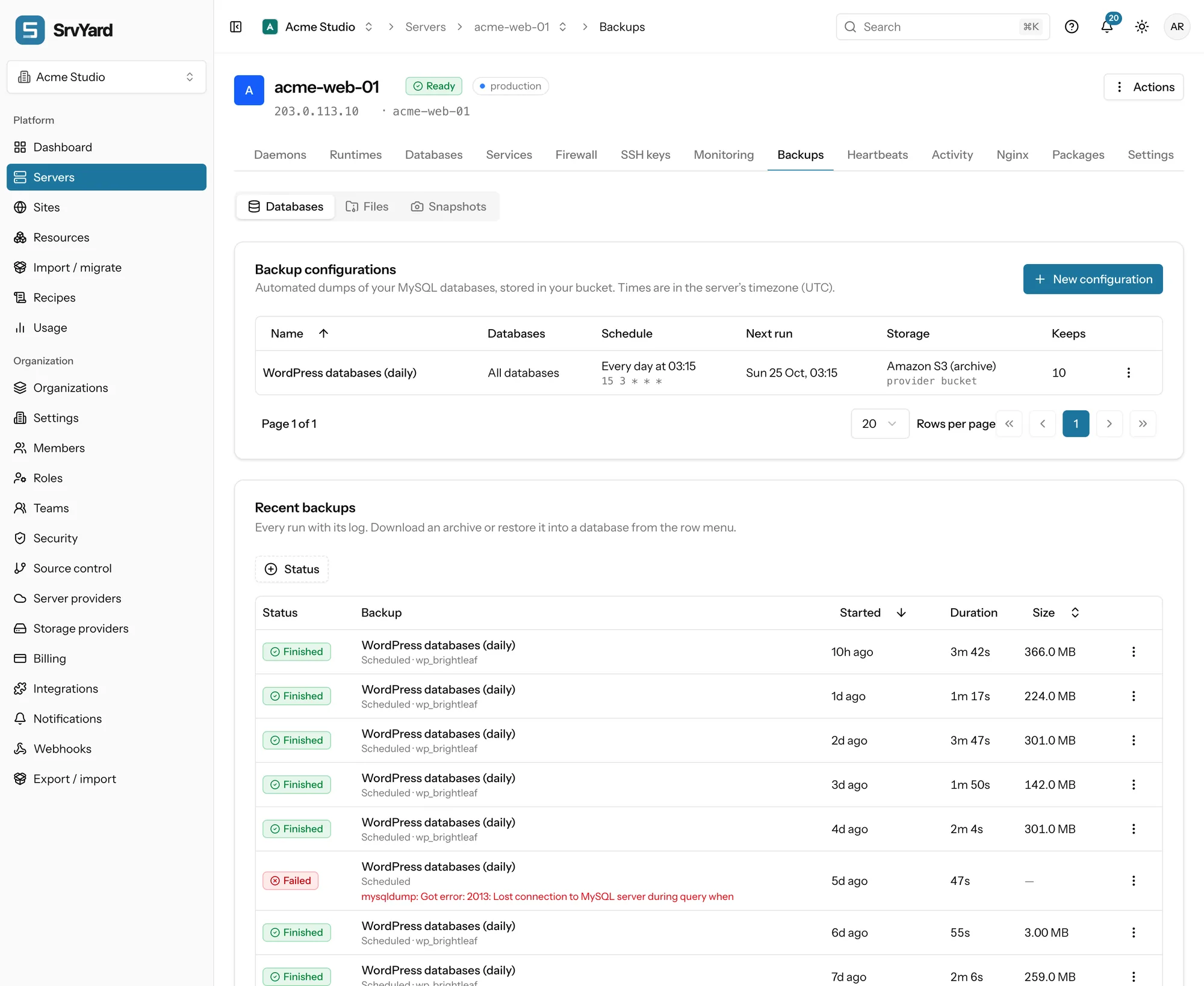 Backups tab of a server: one daily configuration for all databases and the list of recent runs with status, duration and size, including a failed run