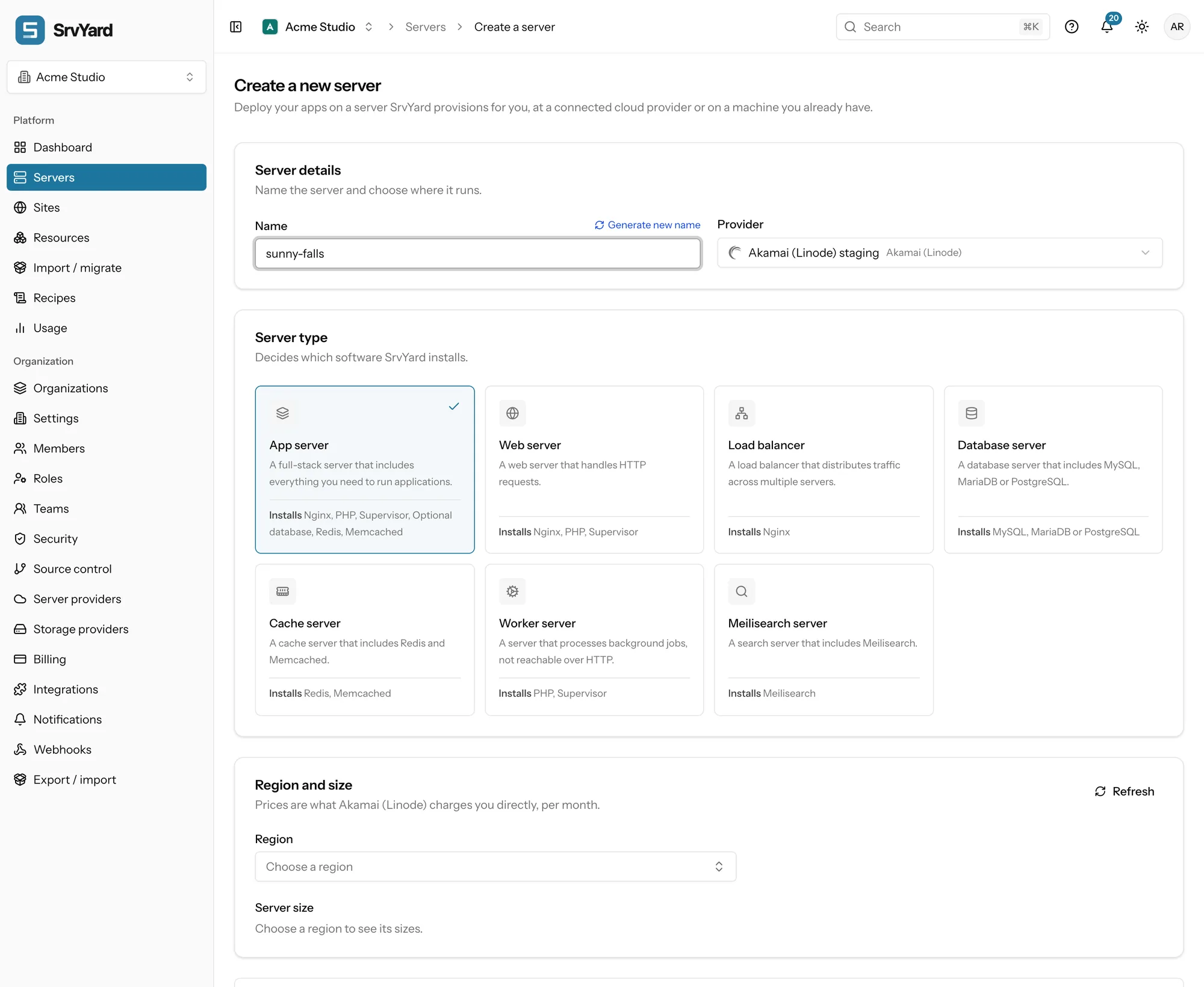 The Create a new server form: name and provider, then the seven server types