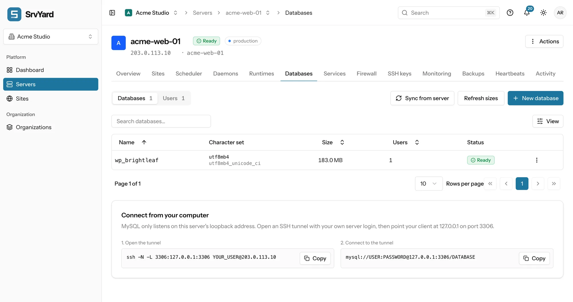 Databases tab of a server: the database list with character set, size, users and status, and the card with the SSH tunnel commands