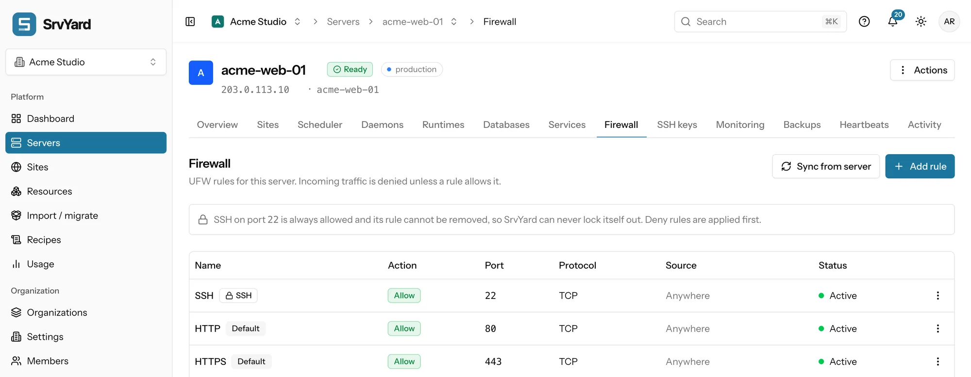 Firewall tab of a server: the SSH, HTTP and HTTPS default rules and one rule that allows a monitoring port from a single address