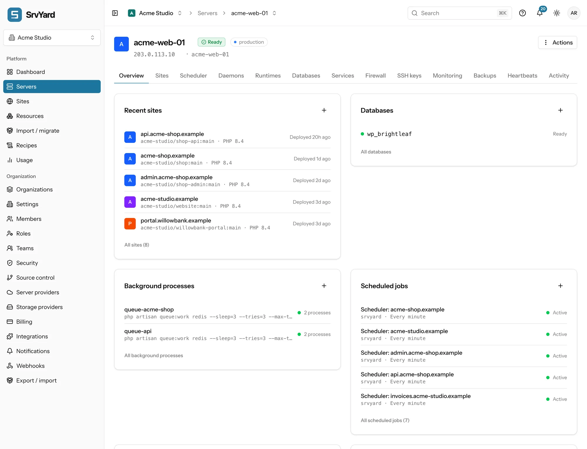 Server page of acme-web-01: recent sites, databases, background processes and scheduled jobs