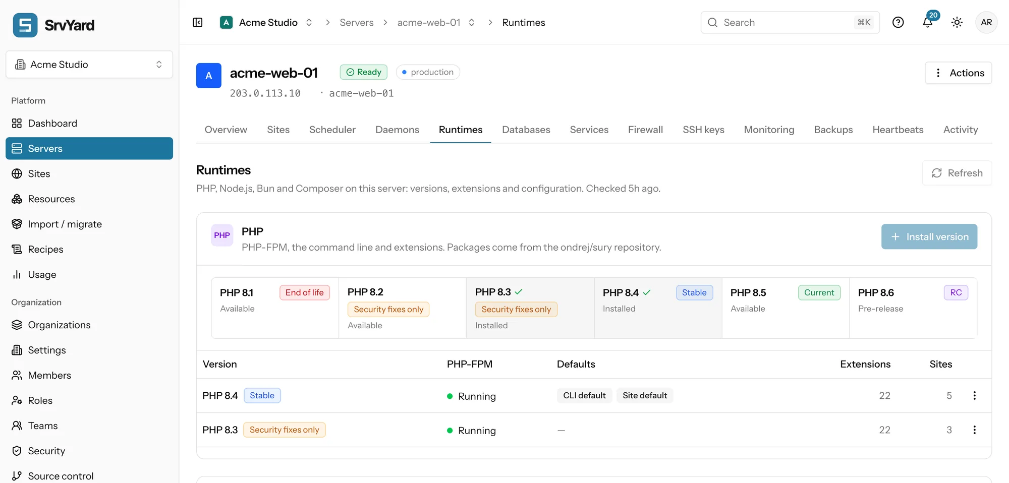 Runtimes tab of a server: the PHP version strip from 8.1 to 8.6 with support labels, and the two installed versions with their defaults, extension counts and sites