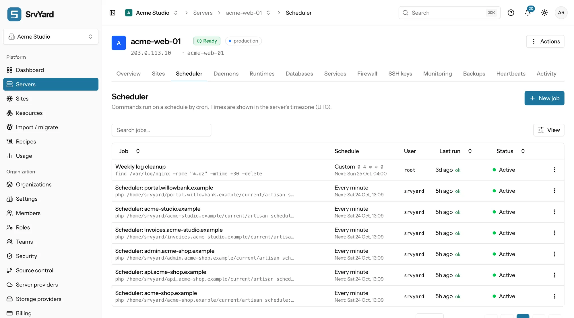 Scheduler tab of a server: weekly log cleanup and one Laravel scheduler job per site, with schedule, user, last run and status