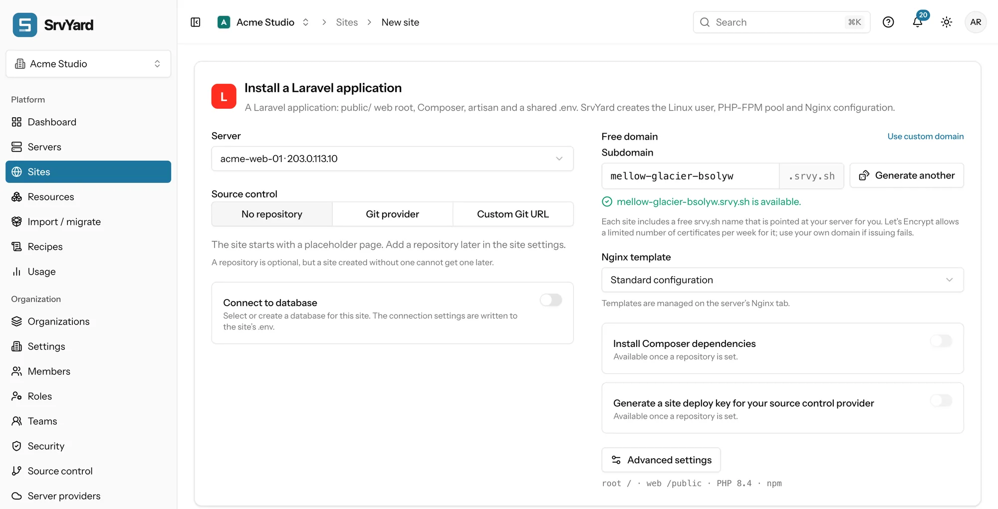 The new Laravel site form: server, source control choice, a free srvy.sh subdomain that is available, Nginx template and Composer options