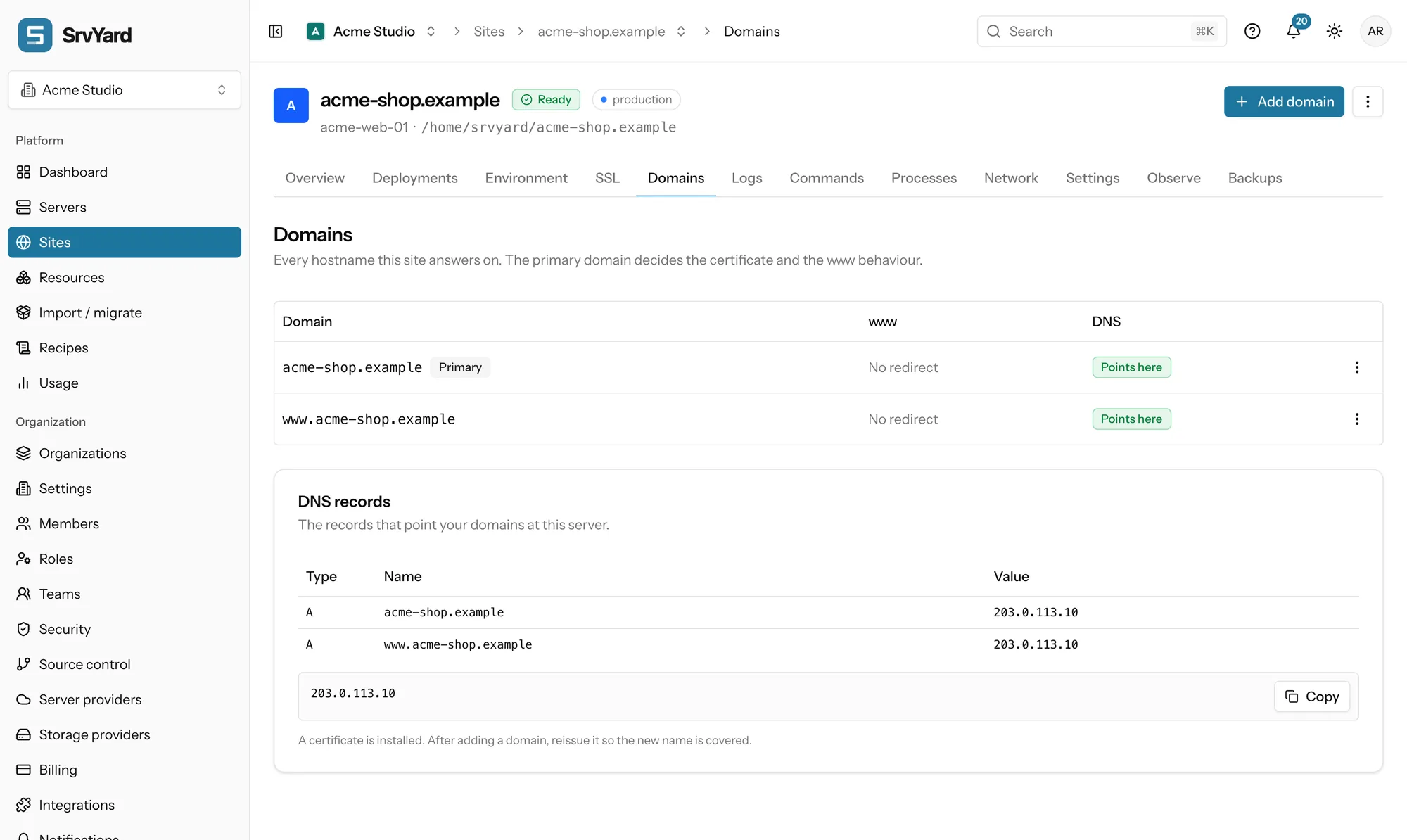 Domains tab of a site: two domains with their www behaviour and DNS status, and the DNS records to create