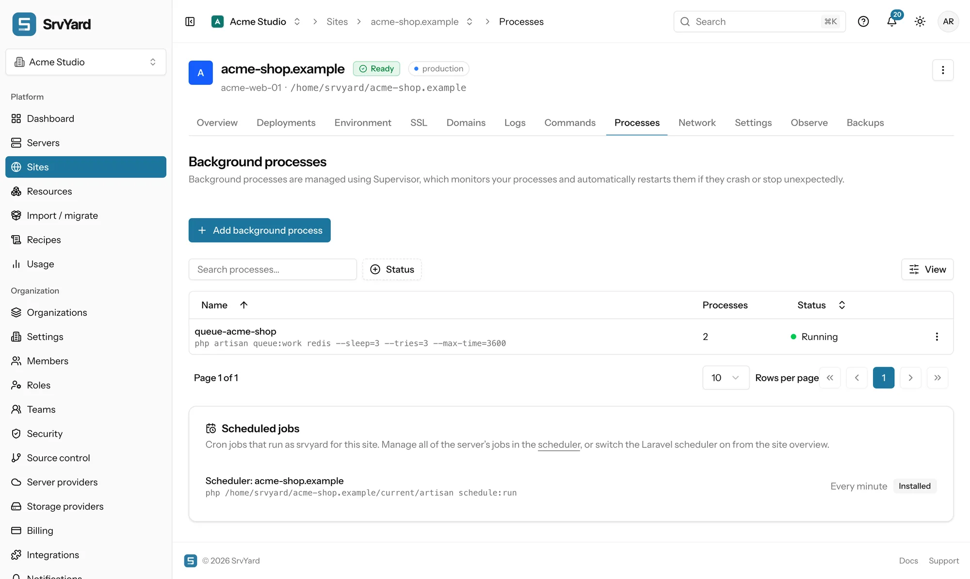 Processes tab of a site: a queue worker with two processes, running, and the scheduled jobs card with the Laravel scheduler