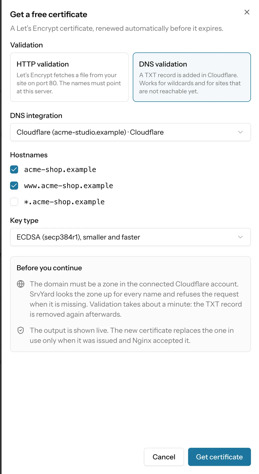 The same panel with DNS validation selected: a Cloudflare integration and the wildcard name offered