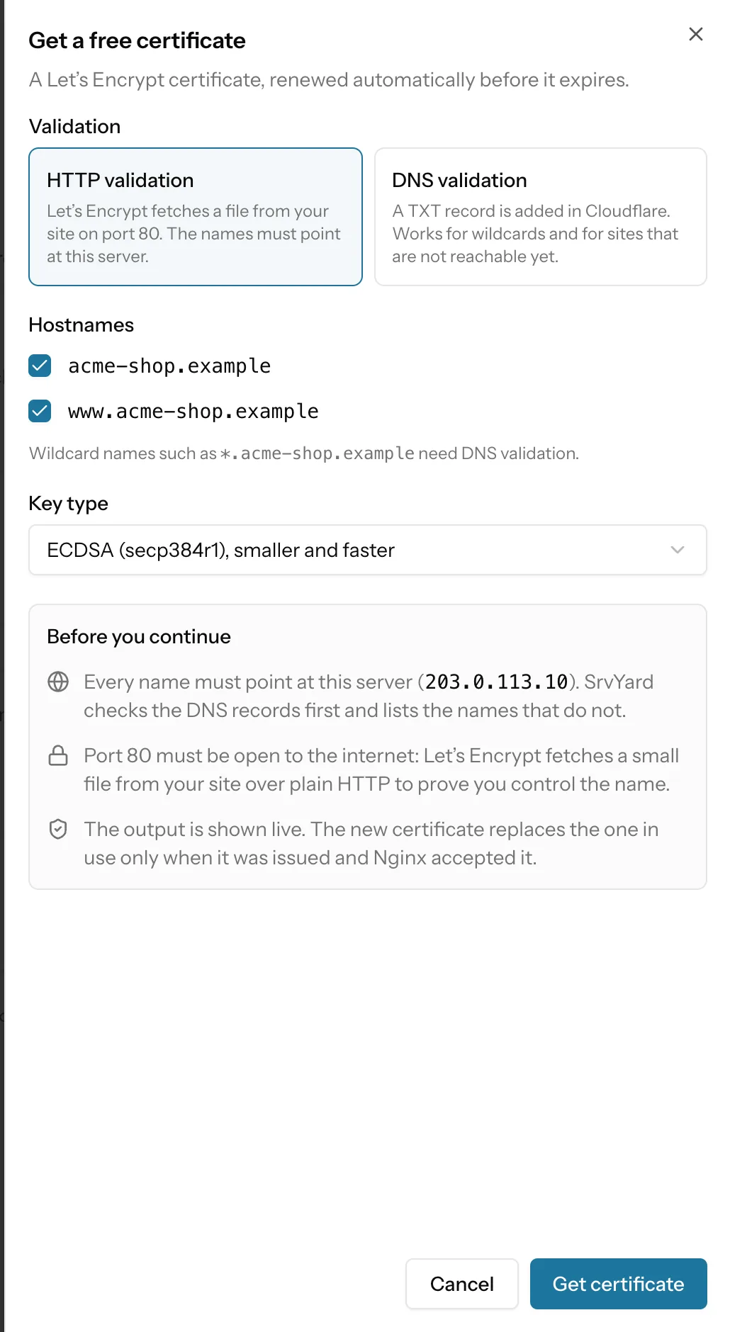 The Get a free certificate panel with HTTP validation selected, the hostnames of the site and the key type