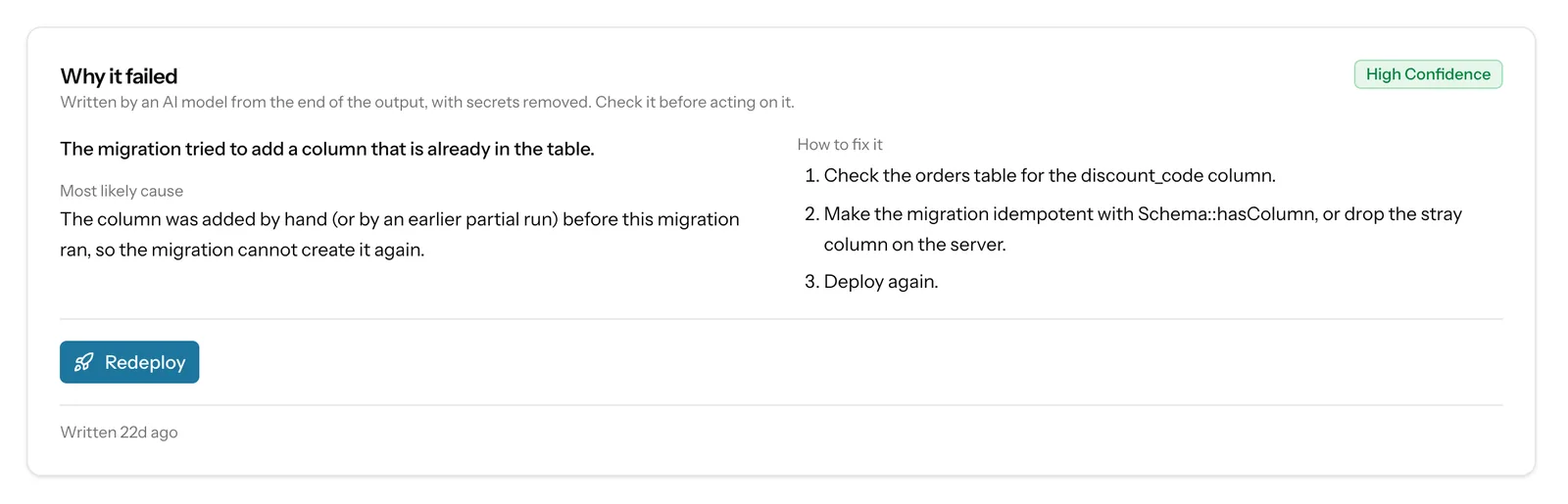 The AI explanation card of a failed deployment: summary, likely cause and fix steps