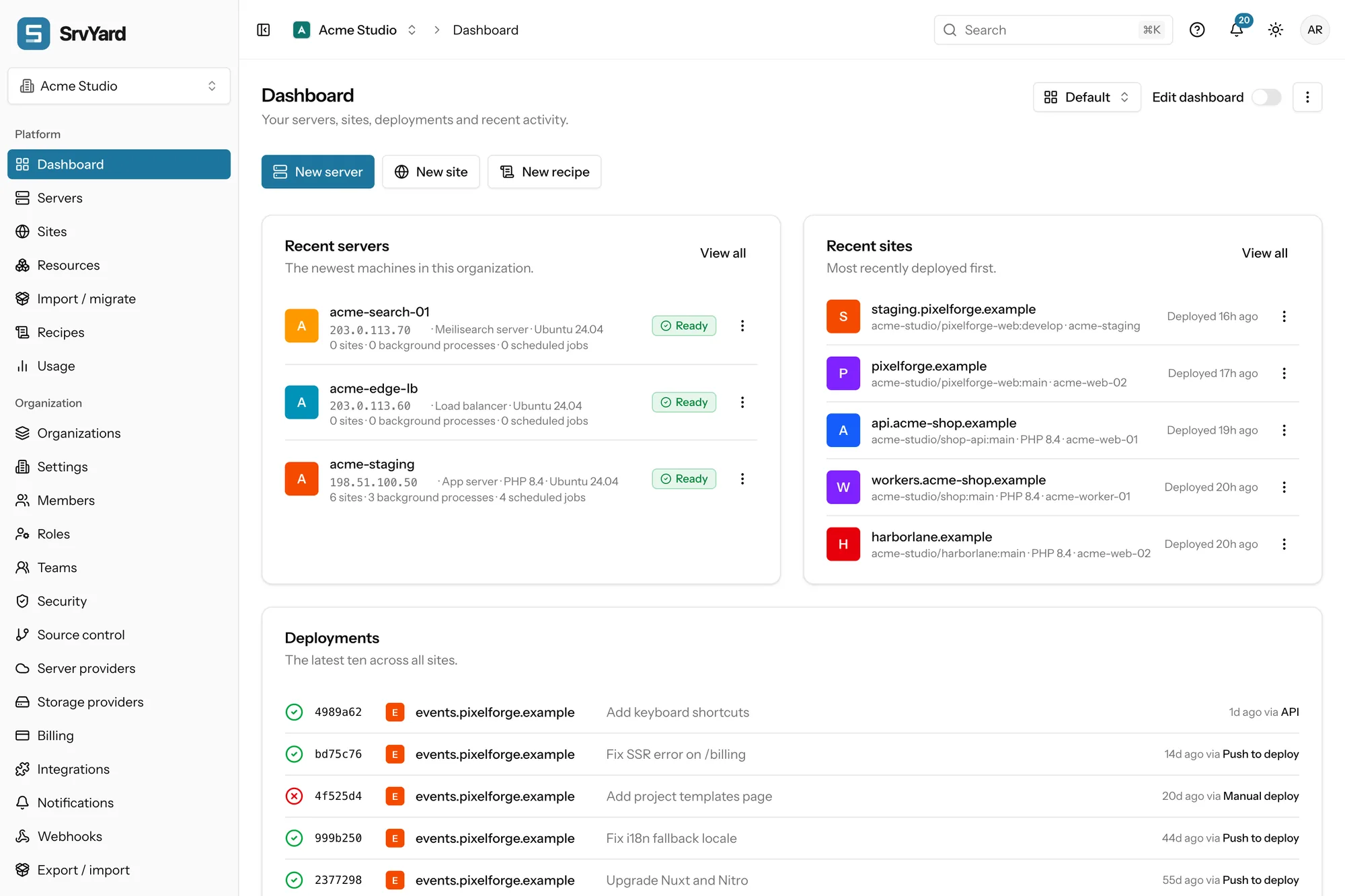SrvYard dashboard with recent servers, recent sites and the latest deployments