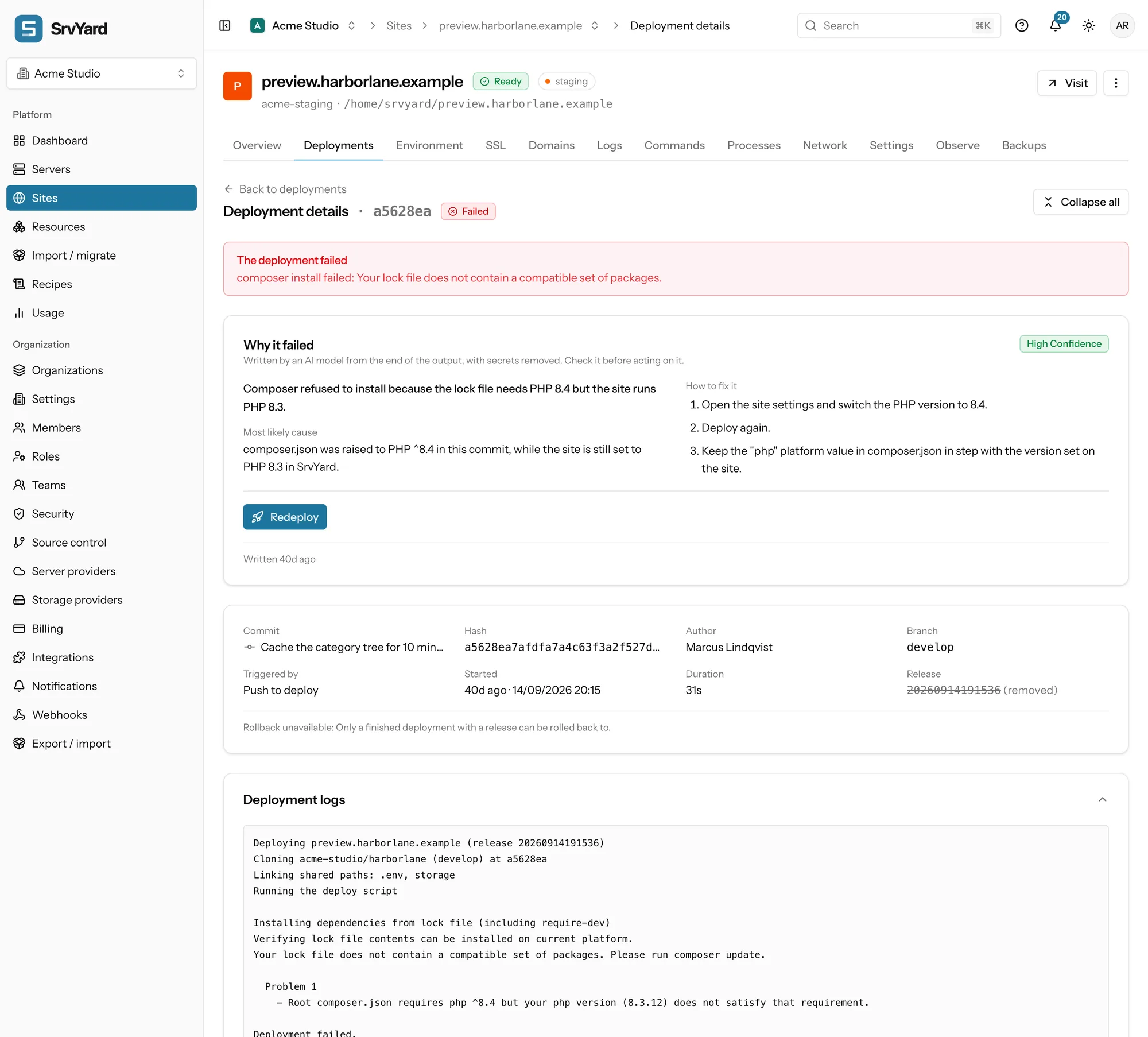 A failed deployment with the AI explanation above the raw log
