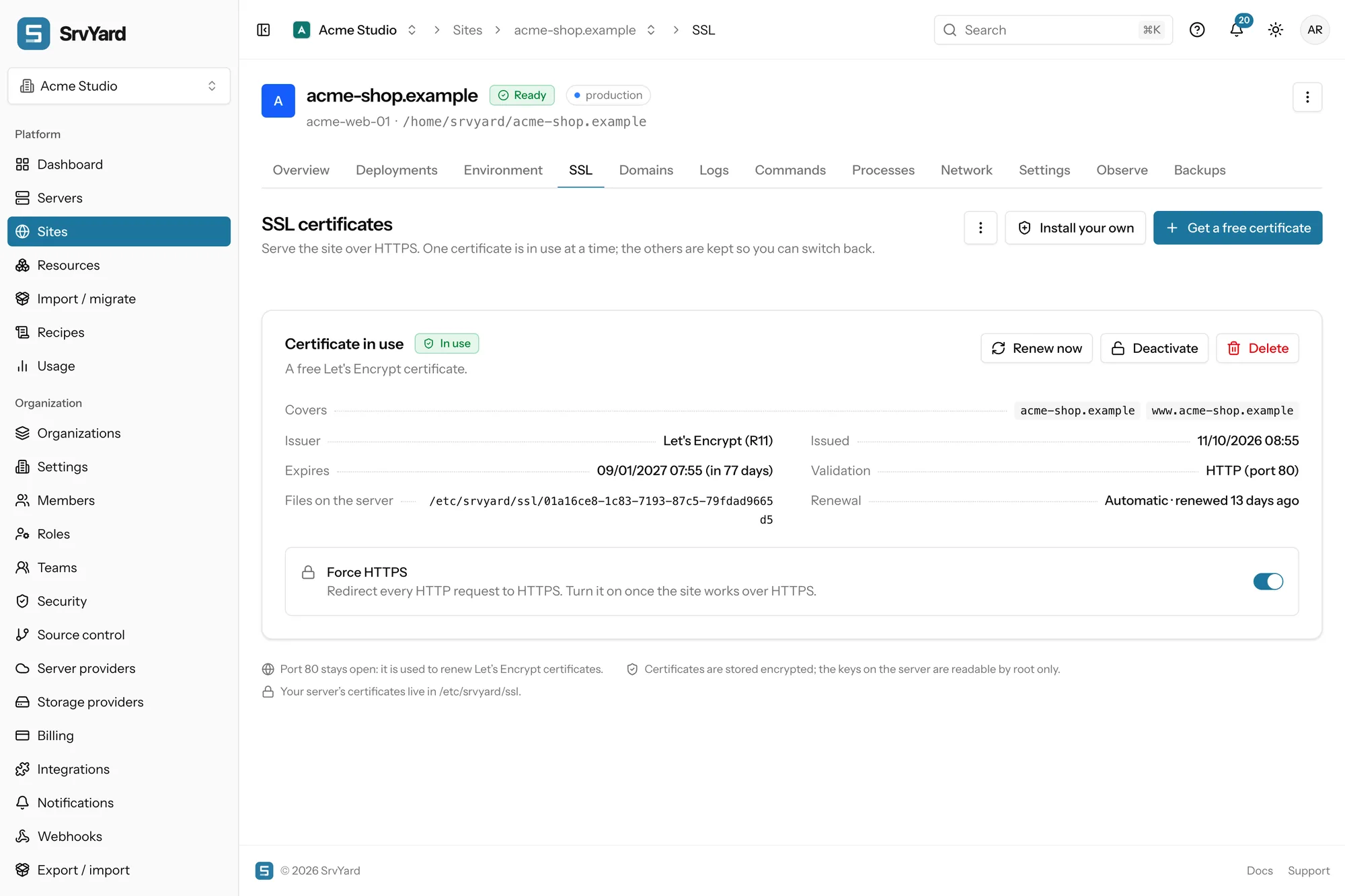 Certificate details for a site: issuer, validity and renewal