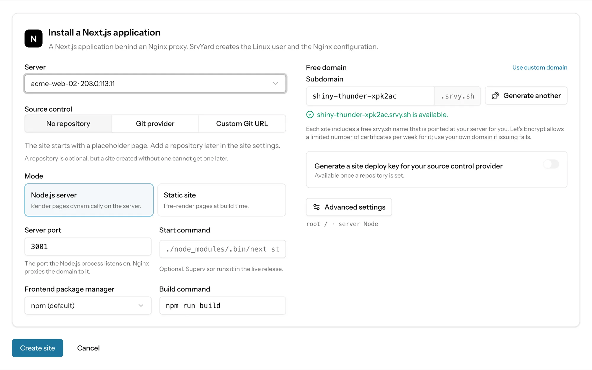 The Install a Next.js application form: server, source control, mode, port, start command, package manager and build command, free domain