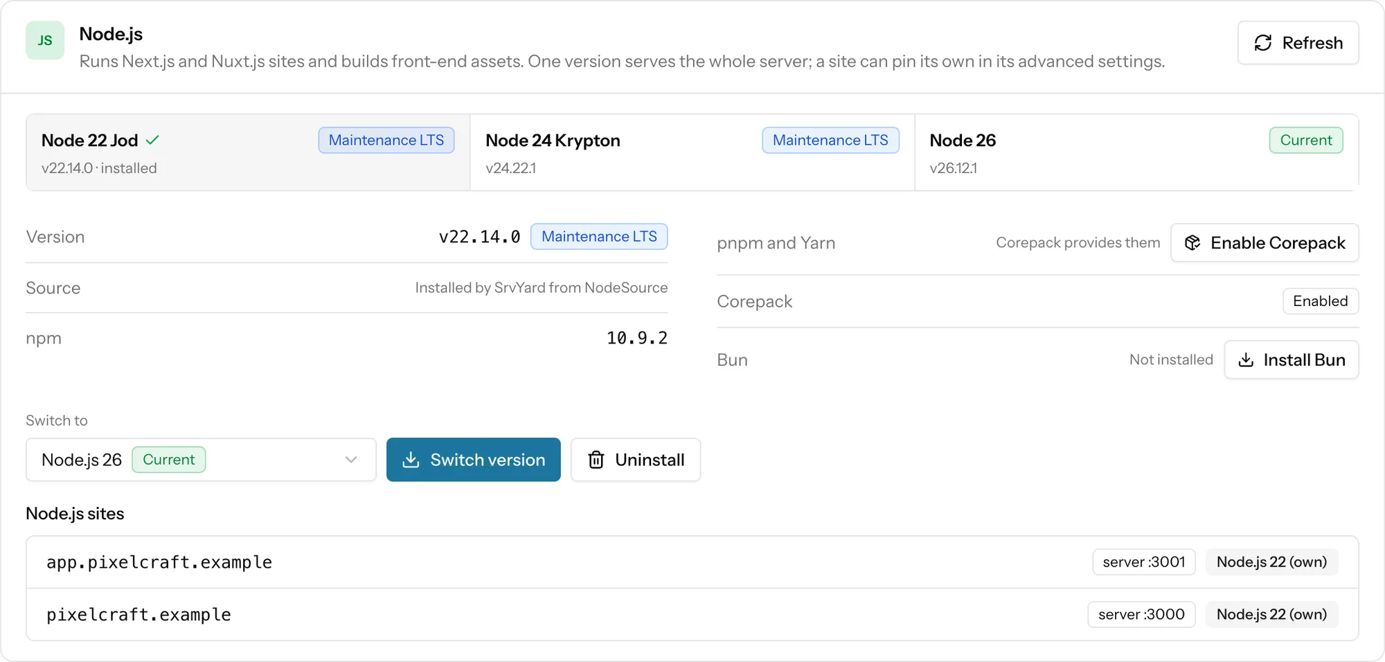 The Node.js card of a server's Runtimes tab: Node 22, 24 and 26, the installed version, npm, Corepack, Bun, and the Node.js sites on the server with their ports and versions