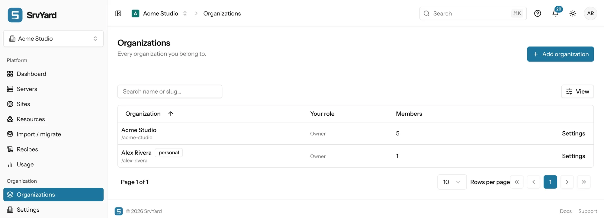 The Organizations page listing the organisations the user belongs to, with their role in each, the number of members and a Settings button