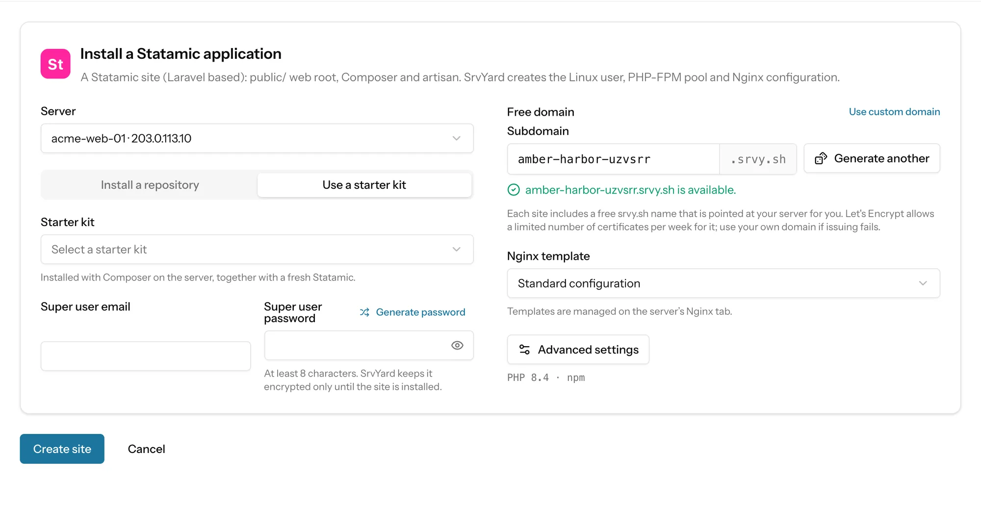The Install a Statamic application form on its Use a starter kit tab: server, starter kit, super user email and password, free domain