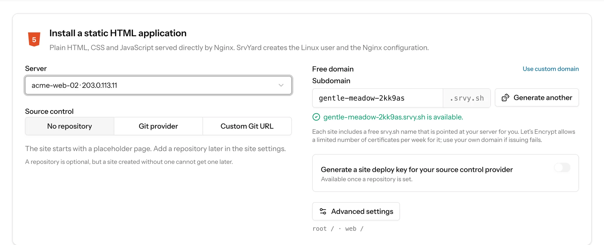 The Install a static HTML application form: server, source control, free domain and advanced settings