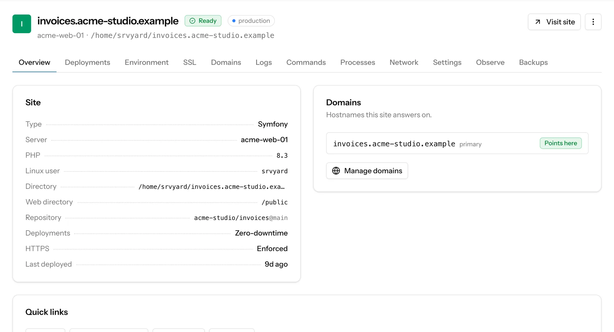 Overview of a Symfony site: type, server, PHP 8.3, directory, web directory public, repository, zero-downtime deployments and its domains