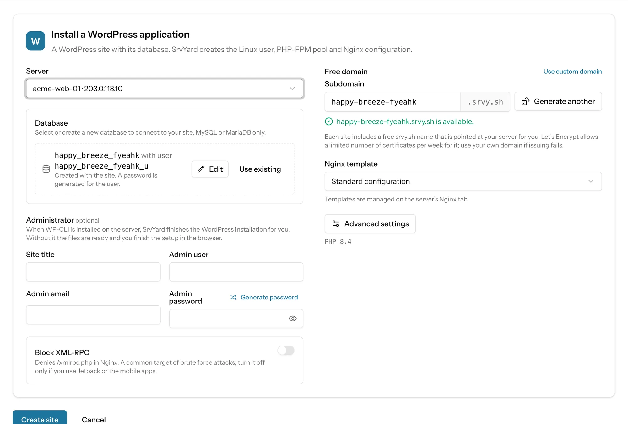 The Install a WordPress application form: server, database created with the site, optional administrator, free domain and advanced settings