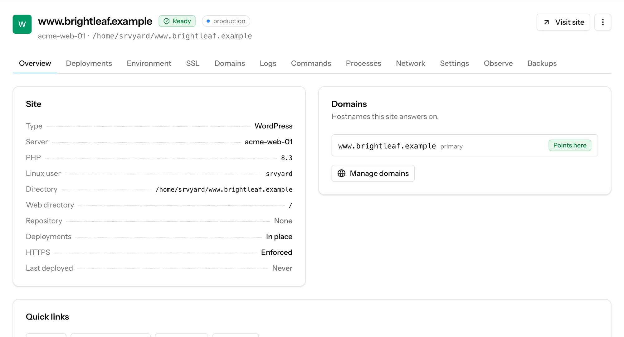 Overview of a WordPress site: type, server, PHP version, directory, no repository, deployments in place, HTTPS enforced, and its domains